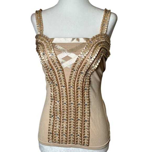 Leo Guy Size M Color Tan Sleeveless evening Top  Intricate Silver Rhine Stone - Picture 4 of 10